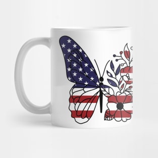 American Flag with Floral Butterfly, 4th of July Mug